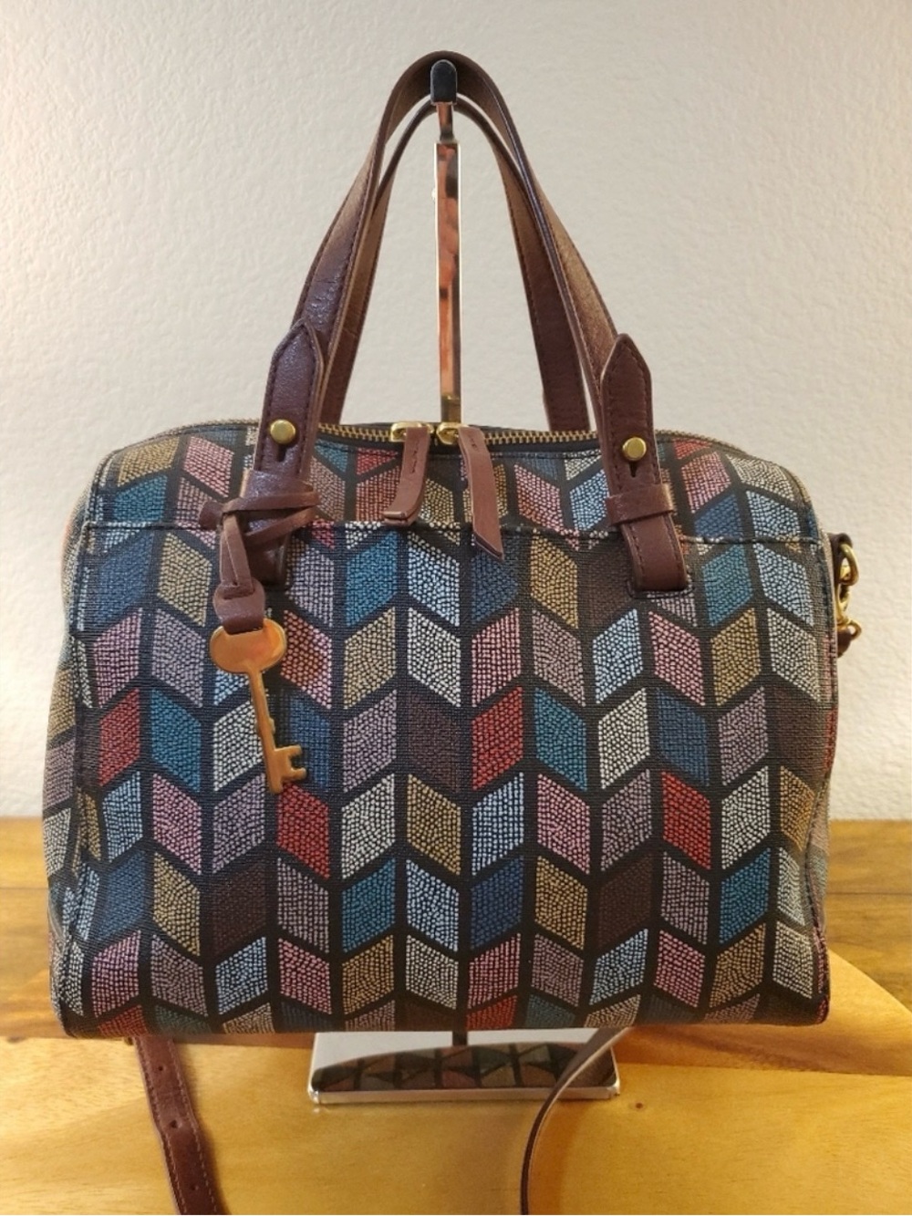Fossil Multicolor Chevron Satchel with Brown Leather Trim